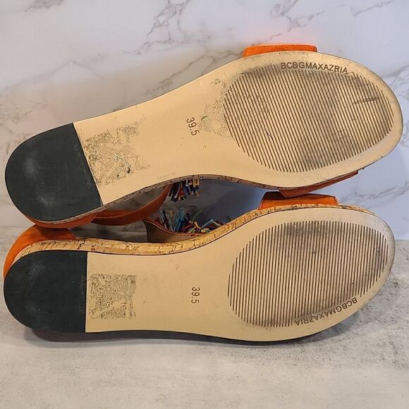 BCBGMaxAzria Orange Suede with Colorful Pom Pom Detail.Sandals, Cork Outsole | 9 - Picture 8 of 10
